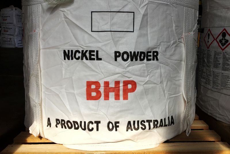 &copy; Reuters. FILE PHOTO:  A tonne of nickel powder made by BHP Group sits in a warehouse at its Nickel West division, south of Perth