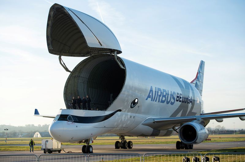 &copy; Reuters. FILE PHOTO: Airbus BelugaXL super transporter aircraft arrives for the first time at the company&apos;s wing assembly plant at Broughton, near Chester