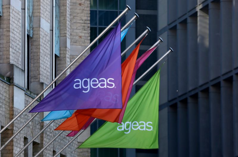 &copy; Reuters. FILE PHOTO:  The logo of Belgian insurance group Ageas is pictured at the company&apos;s headquarters in Brussels