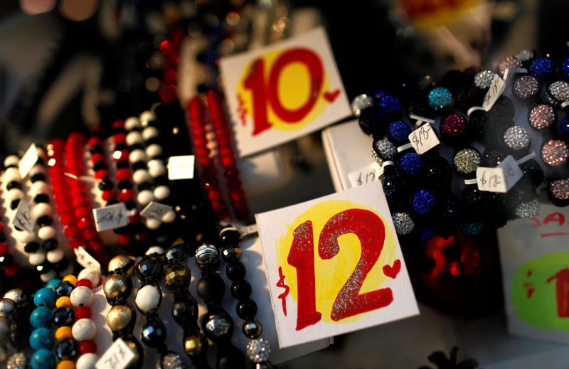 &copy; Reuters. Prices are seen on bracelets in a shop in New York City