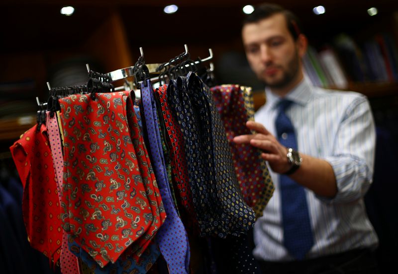 &copy; Reuters. Cravats and bow ties are displayed for sale in the Dege &amp; Skinner tailors on Savile Row, amid the coronavirus disease (COVID-19) outbreak, in London