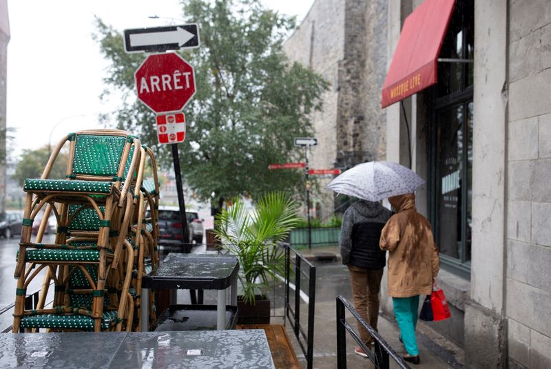 &copy; Reuters. FILE PHOTO: Chairs are stacked outside a bistro in Montreal
