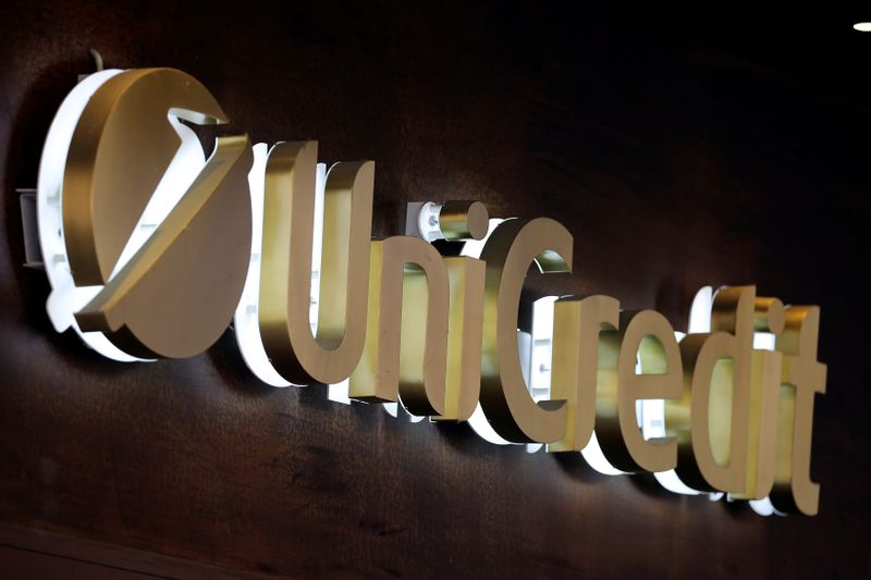 &copy; Reuters. Unicredit bank logo is seen in the old city centre of Siena