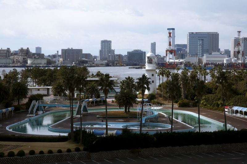 &copy; Reuters. A general view shows the outdoor pool at Museum of Maritime Science with Tokyo&apos;s skyline in the background