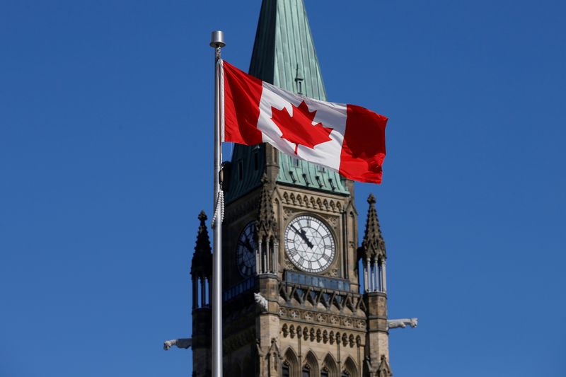 &copy; Reuters. FILE PHOTO: Canadian flag flies in front of the Peace Tower on Parliament Hill in Ottawa