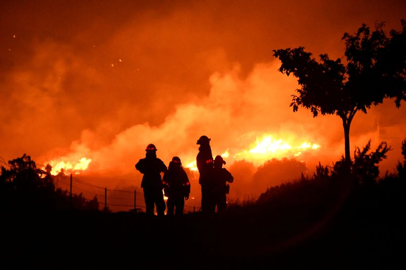 &copy; Reuters. FILE PHOTO: Wildfire in California burns through the night north of Los Angeles