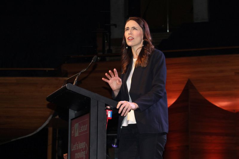 © Reuters. FILE PHOTO: Prime Minister Jacinda Ardern addresses her supporters at a Labour Party event in Wellington