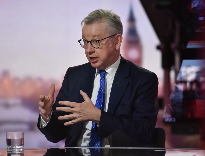 © Reuters. Britain's Chancellor of the Duchy of Lancaster Michael Gove appears on BBC TV's The Andrew Marr Show in London