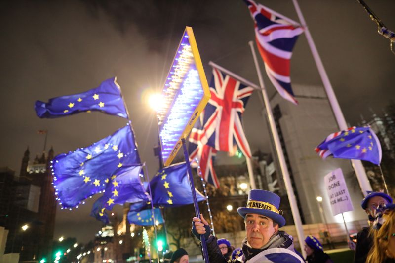&copy; Reuters. FILE PHOTO: Anti-Brexit protesters demonstrate outside the Houses of Parliament in London