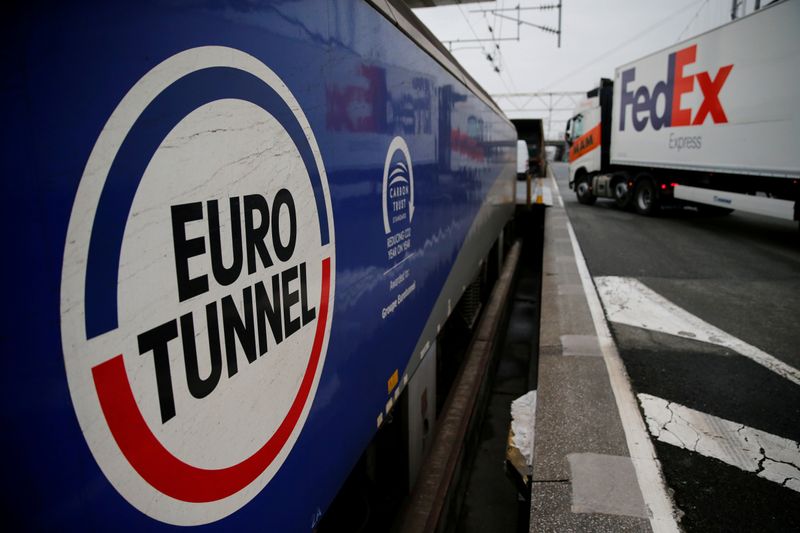 &copy; Reuters. FILE PHOTO: A truck boards an Eurotunnel freight shuttle at the Eurotunnel terminal of Coquelles near Calais