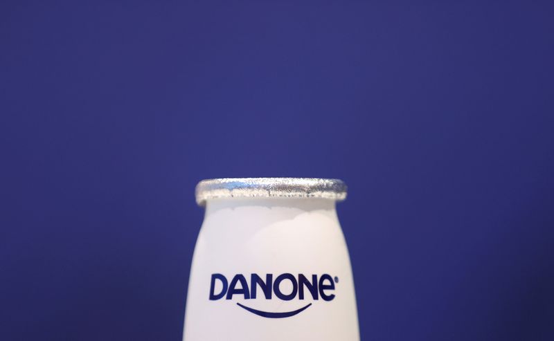 &copy; Reuters. FILE PHOTO: A company logo is seen on a product displayed before French food group Danone&apos;s 2019 annual results presentation in Paris