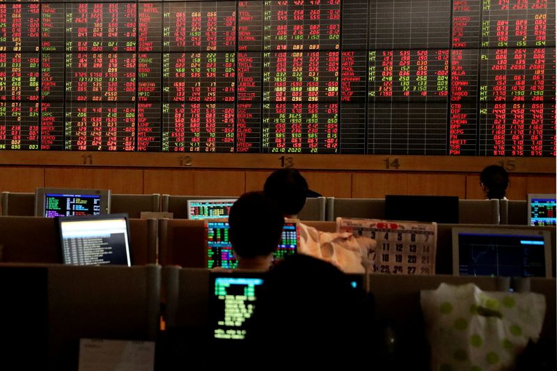 &copy; Reuters. FILE PHOTO: Traders are seen in front of a screen with trading figures in red at Thailand Stock Exchange building in Bangkok
