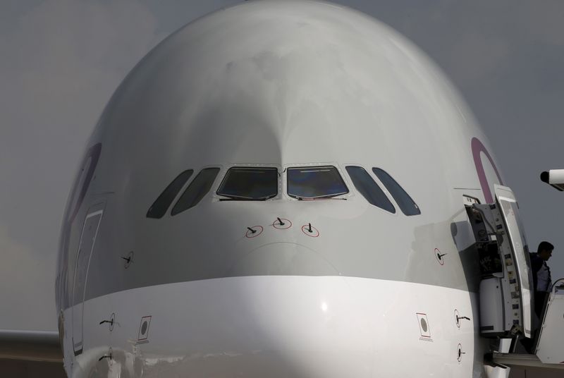 &copy; Reuters. A Qatar Airways A380 aircraft sits on display during the Singapore Airshow at Changi Exhibition Center