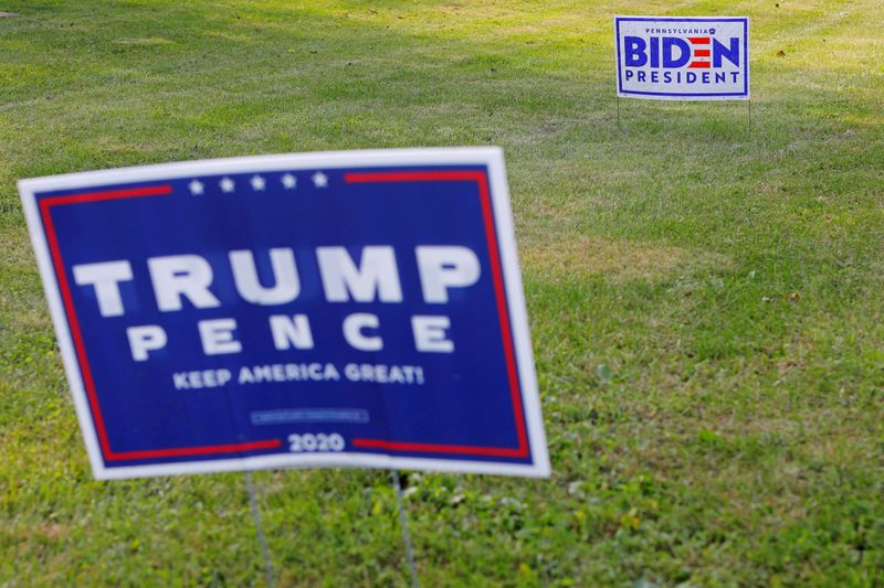 © Reuters. FILE PHOTO: Campaign signs for Trump and Biden stand along a road  in Lower Saucon Township