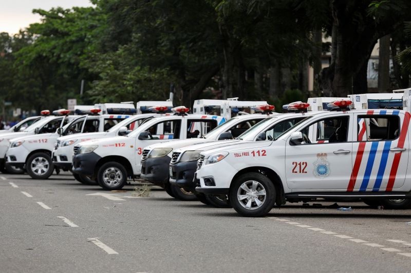 &copy; Reuters. Police vehicles are seen parked during a protest in Lagos