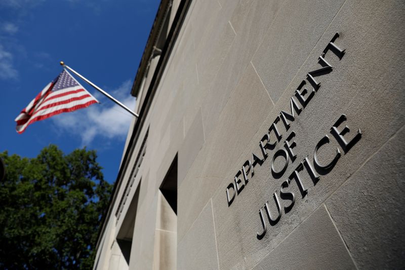 &copy; Reuters. Signage is seen at the United States Department of Justice headquarters in Washington, D.C.