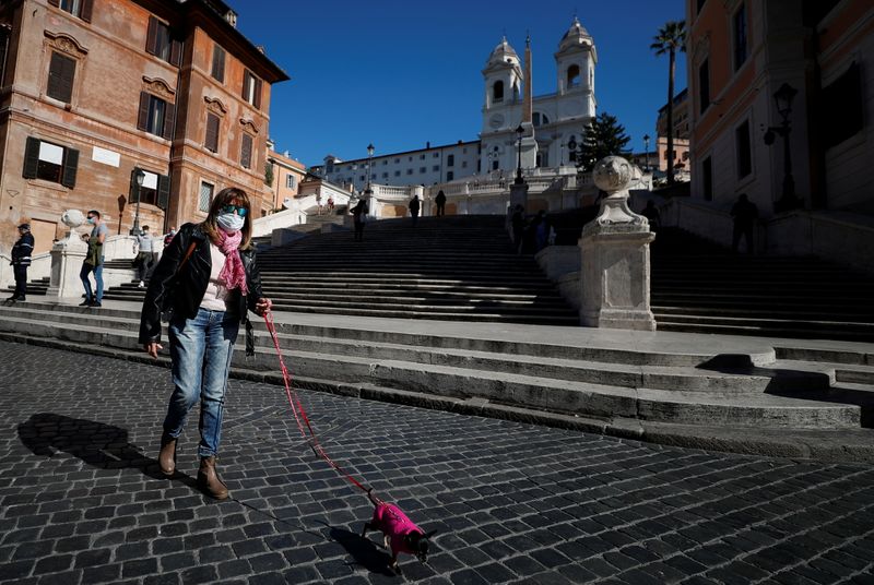 &copy; Reuters. Una donna indossa la mascherina mentre porta a spasso il cane