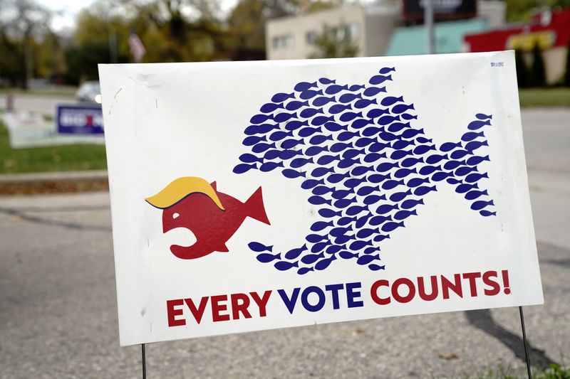&copy; Reuters. FILE PHOTO: A sign encouraging voter turnout is seen at a campaign yard sign distribution site for U.S. Democratic presidential candidate Joe Biden and his running mate, Senator Kamala Harris, in Madison, Wisconsin