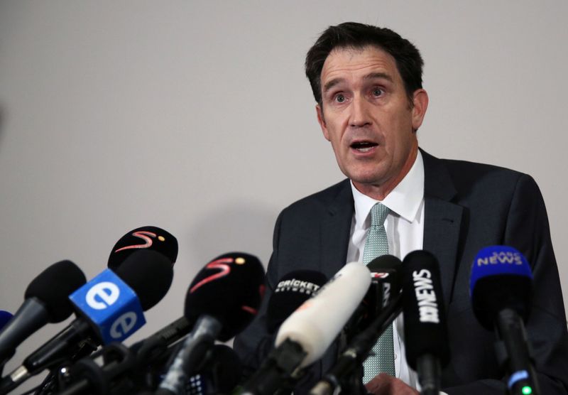 &copy; Reuters. FILE PHOTO: Cricket Australia chief executive James Sutherland talks during a news conference at a hotel, in Sandton