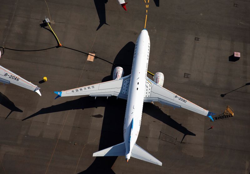 &copy; Reuters. A China Southern Airlines Boeing 737 MAX 8 aircraft is seen grounded at a storage area in an aerial photo at Boeing Field in Seattle
