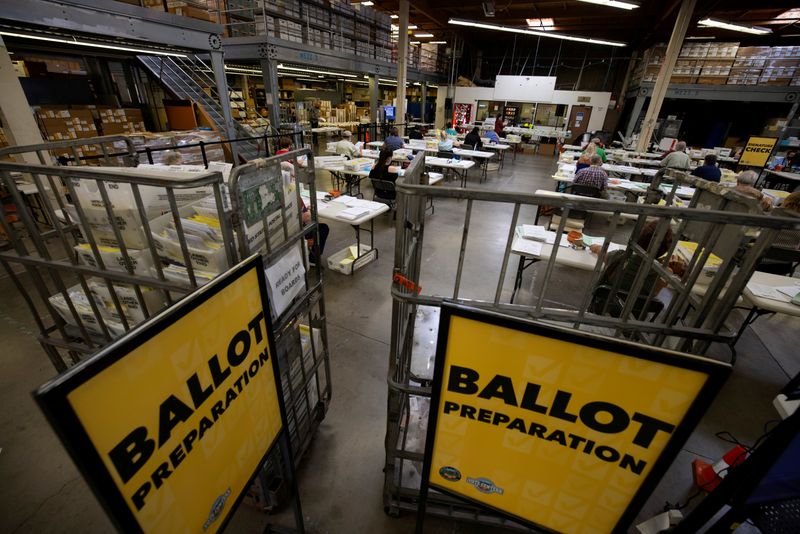 &copy; Reuters. FILE PHOTO: Some of the hundreds of thousands of early mail-in ballots are processed for scanning by election workers at the Orange County Registrar of Voters in Santa Ana, California,