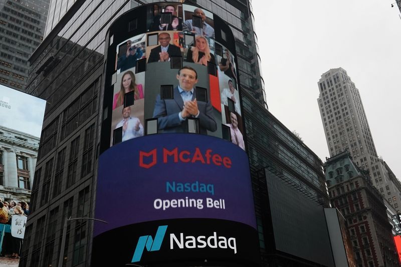 © Reuters. Cyber security firm McAfee holds a virtual IPO at NASDAQ Marketsite