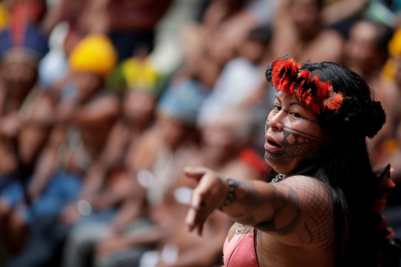 &copy; Reuters. FILE PHOTO: Alessandra, indigenous woman of Munduruku tribe speaks during a press conference to ask authorities for protection for indigenous land and cultural rights in Brasilia