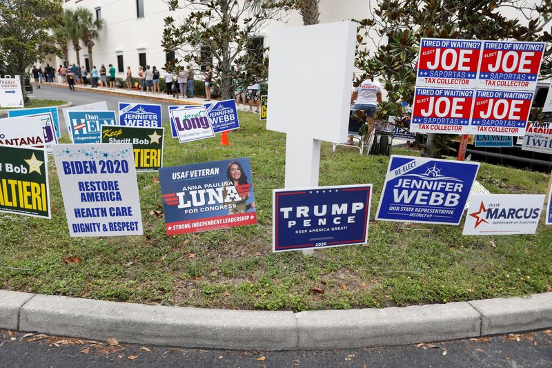 &copy; Reuters. Campaign signs are posted near the Supervisor of Elections Office polling station while people line up for early voting in Pinellas County ahead of the election in Largo