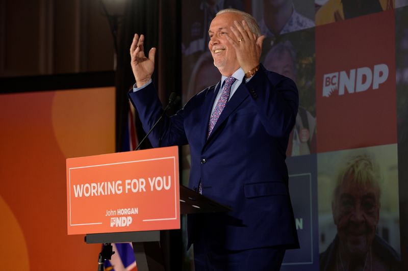 &copy; Reuters. B.C. NDP leader John Horgan speaks in Vancouver after winning a majority in the provincial election