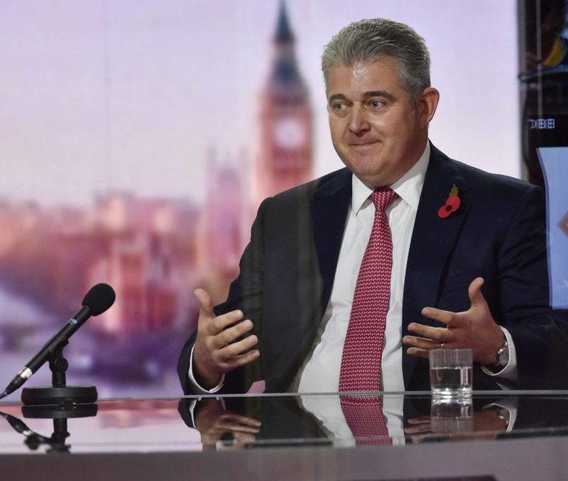 © Reuters. Britain's Secretary of State for Northern Ireland Brandon Lewis appears on BBC TV's The Andrew Marr Show in London