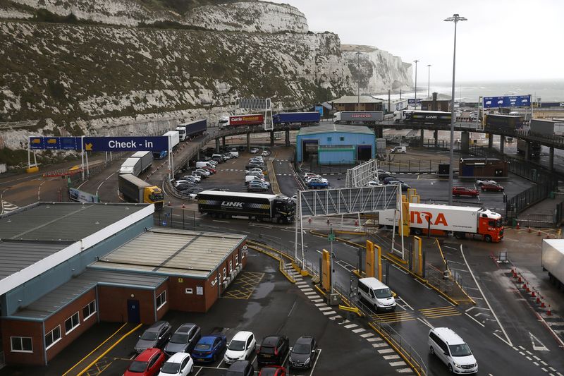 &copy; Reuters. FILE PHOTO: Freight trucks move through the terminal at the Port of Dover