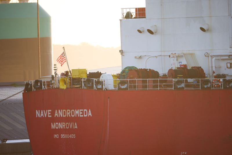 &copy; Reuters. Liberia-flagged oil tanker Nave Andromeda is seen at Southampton Docks