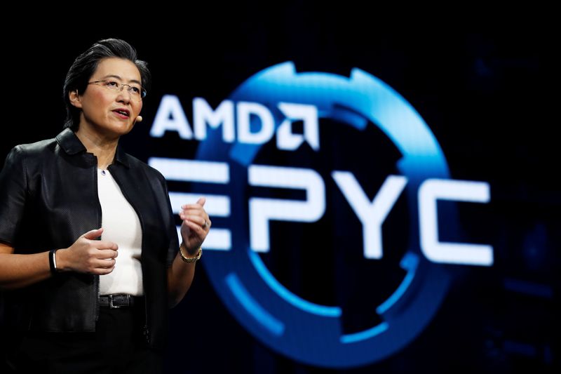 &copy; Reuters. Lisa Su, president and CEO of AMD, talks about the AMD EPYC processor during a keynote address at the 2019 CES in Las Vegas