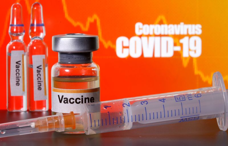 &copy; Reuters. FILE PHOTO: Small bottles labeled with &quot;Vaccine&quot; stickers stand near a medical syringe in front of displayed &quot;Coronavirus COVID-19&quot; words in this illustration