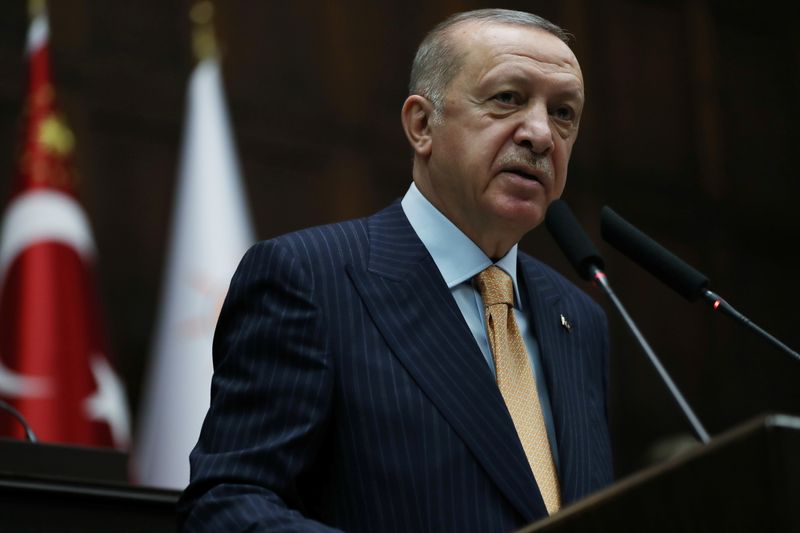 &copy; Reuters. Turkish President Erdogan addresses members of his ruling AKP during a meeting in Ankara