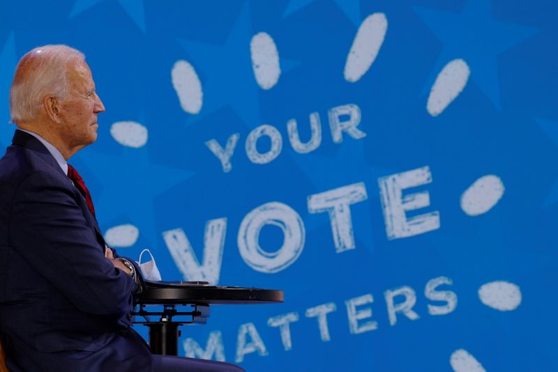 &copy; Reuters. Democratic U.S. presidential nominee Biden takes part in a virtual event with Oprah in Wilmington