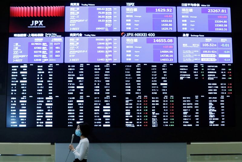 &copy; Reuters. Una reporter davanti a degli schermi con dati sugli indici della Borsa di Tokyo