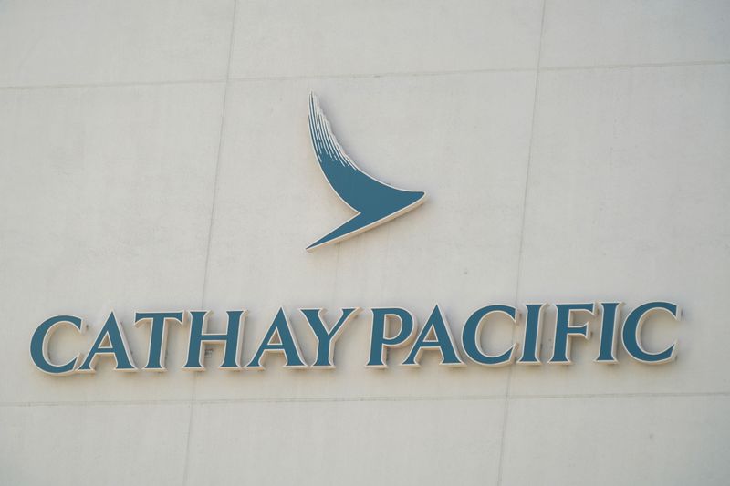 &copy; Reuters. Sign of Cathay Pacific is seen at its  headquarters Cathay City in Hong Kong