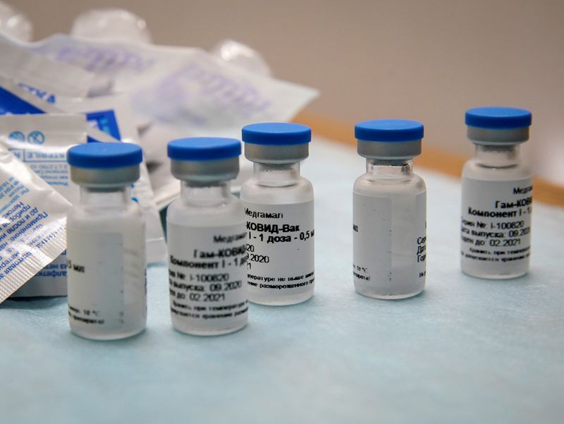 &copy; Reuters. Bottles with Russia&apos;s &quot;Sputnik-V&quot; vaccine against the coronavirus disease (COVID-19) are seen before inoculation at a clinic in Tver