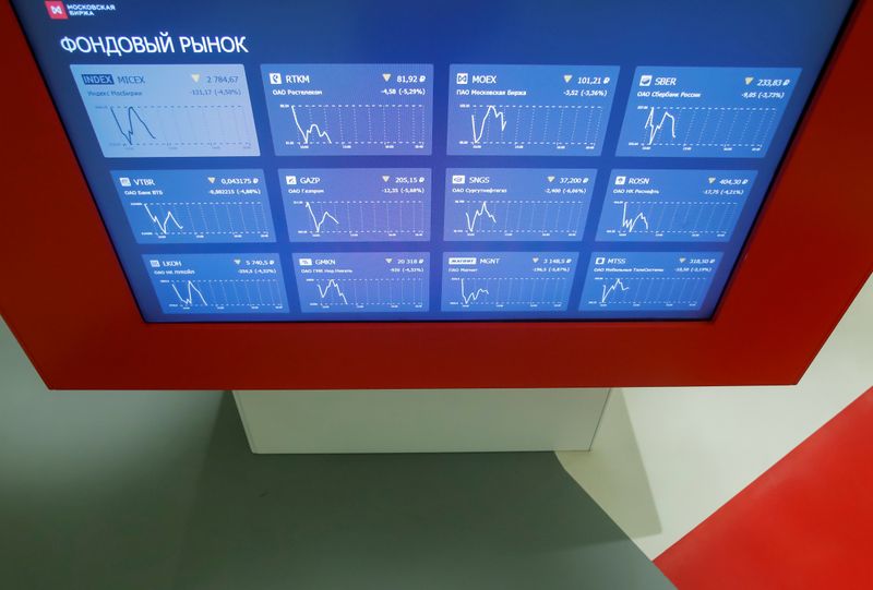 &copy; Reuters. An information screen is seen inside the office of the Moscow Exchange in Moscow
