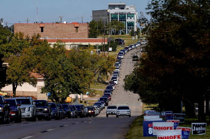 © Reuters. Voters wait in a long line of cars during early voting at the Oklahoma Election Board in Oklahoma City