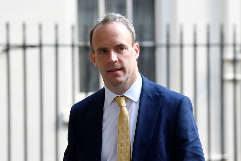 &copy; Reuters. FILE PHOTO: Britain&apos;s Secretary of State for Foreign affairs Dominic Raab leaves Downing Street in London, following the outbreak of the coronavirus disease (COVID-19), London