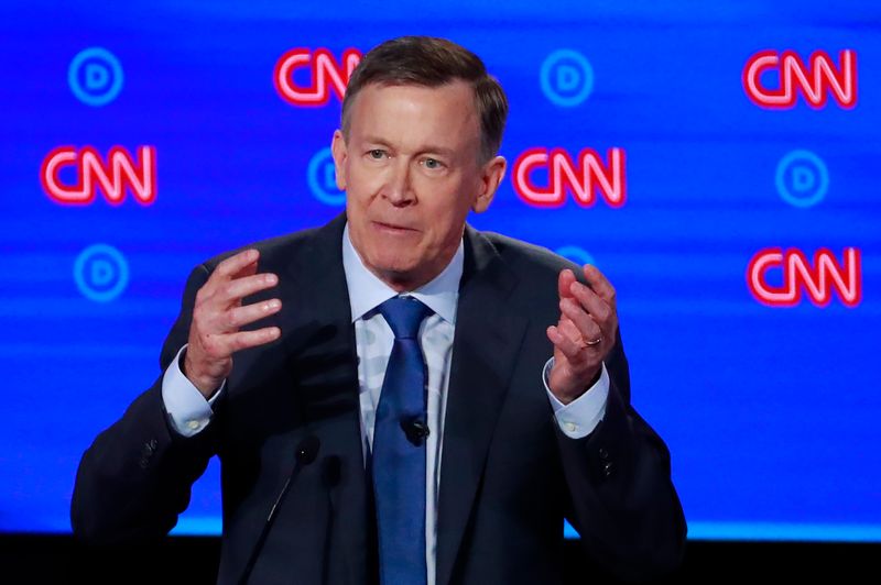 &copy; Reuters. Democratic 2020 U.S. presidential candidate former Colorado Governor John Hickenlooper speaks on the first night of the second 2020 Democratic U.S. presidential debate in Detroit