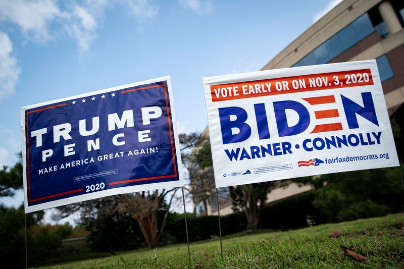 &copy; Reuters. Imagen de archivo de carteles de apoyo a Donald Trump y Joe Biden al exterior de un centro de votación temprana en Fairfax, Virginia, EEUU.