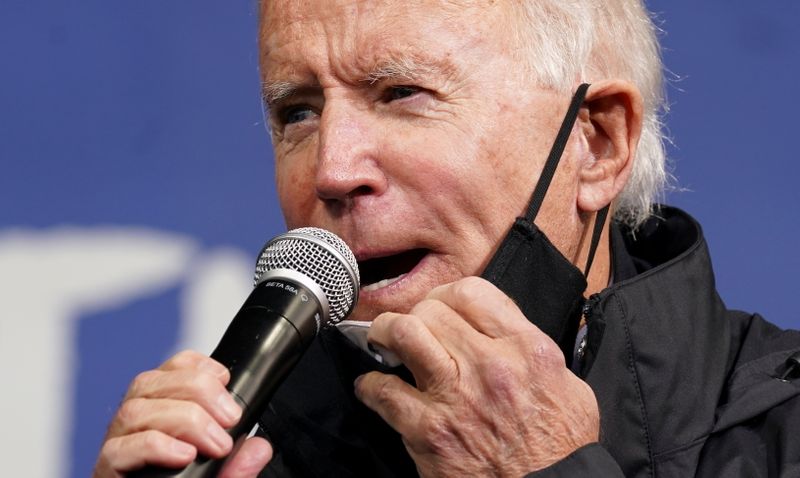&copy; Reuters. El candidato demócrata a la presidencia de Estados Unidos, Joe Biden, se retira parcialmente la mascarilla para hablar durante un acto de campaña en Filadelfia. Noviembre, 2020. REUTERS/Kevin Lamarque
