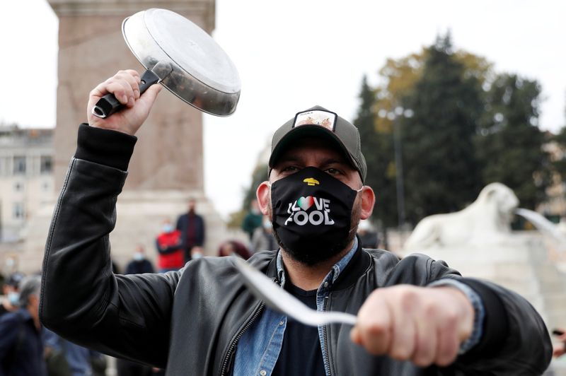 © Reuters. FILE PHOTO: Italian restaurant and bar workers protest against the government's COVID-19 rules, in Rome