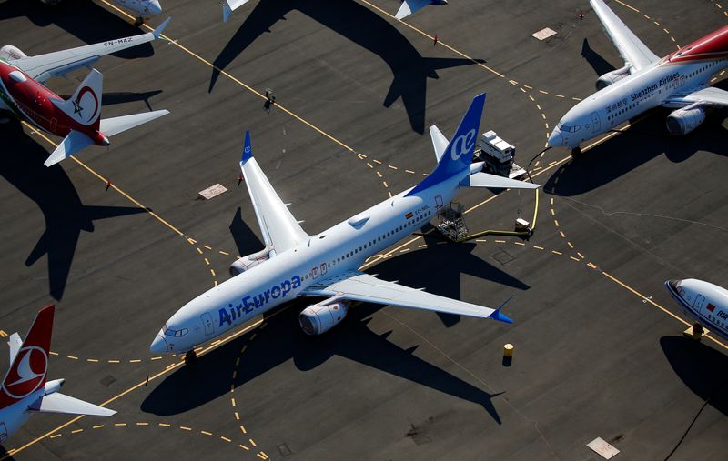 © Reuters. An Air Europa-branded Boeing 737 MAX aircraft is seen grounded at a storage area in an aerial photo at Boeing Field in Seattle