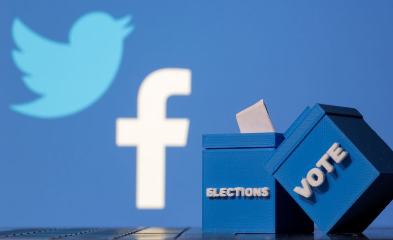 © Reuters. 3D printed ballot boxes are seen in front of Facebook and Twitter logos