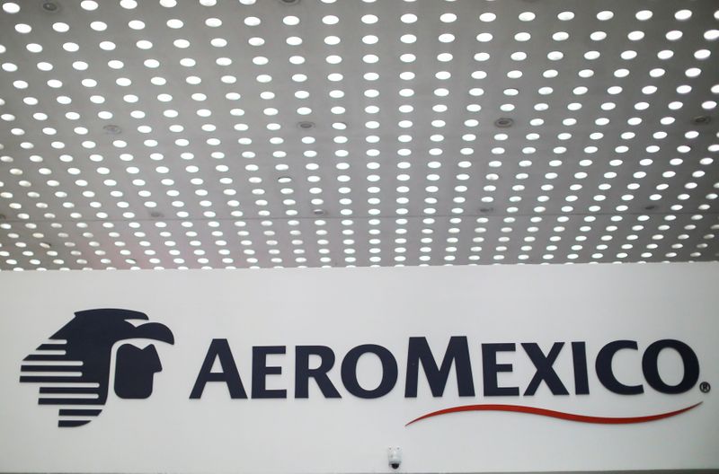 &copy; Reuters. FILE PHOTO: The logo of the aerial company Aeromexico is seen at the Aeromexico counter at Benito Juarez international airport in Mexico City