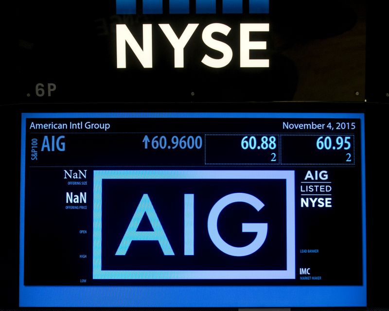 &copy; Reuters. FILE PHOTO: The ticker information for insurance company American International Group Inc., (AIG) is displayed on a screen above the post where it is traded on the floor of the New York Stock Exchange